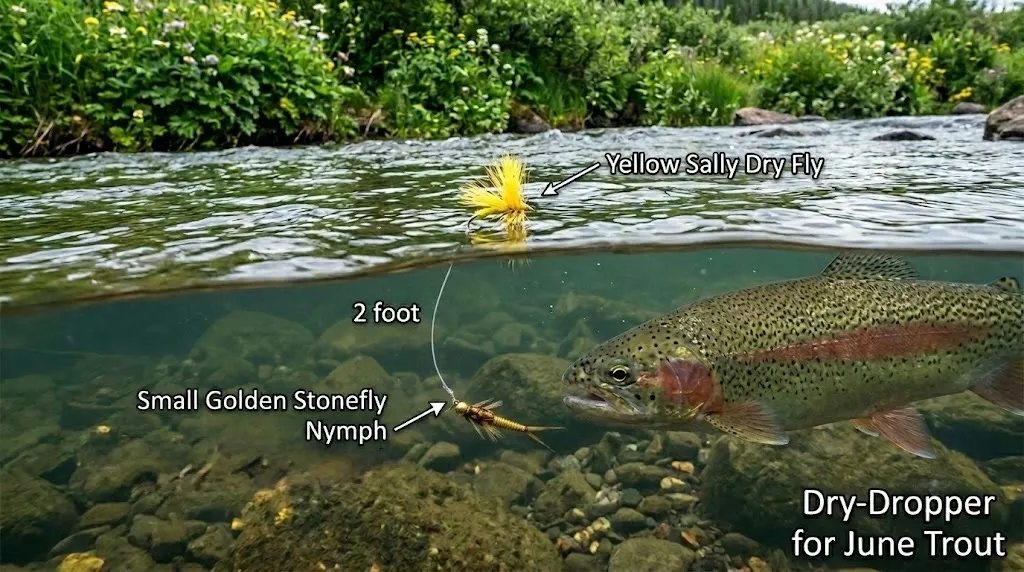 Yellow Sally and Golden Stonefly Dry-Dropper for June Trout